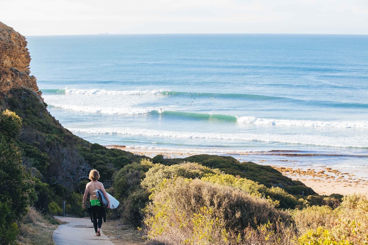 Aerial view of surfers in the Atlantic ocean